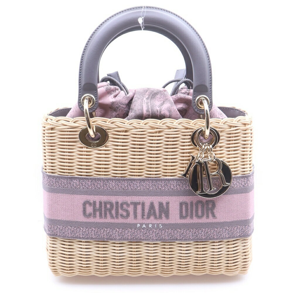 Christian Dior Lady Wicker Handbag Shoulder Bag Beige Pink Raffia